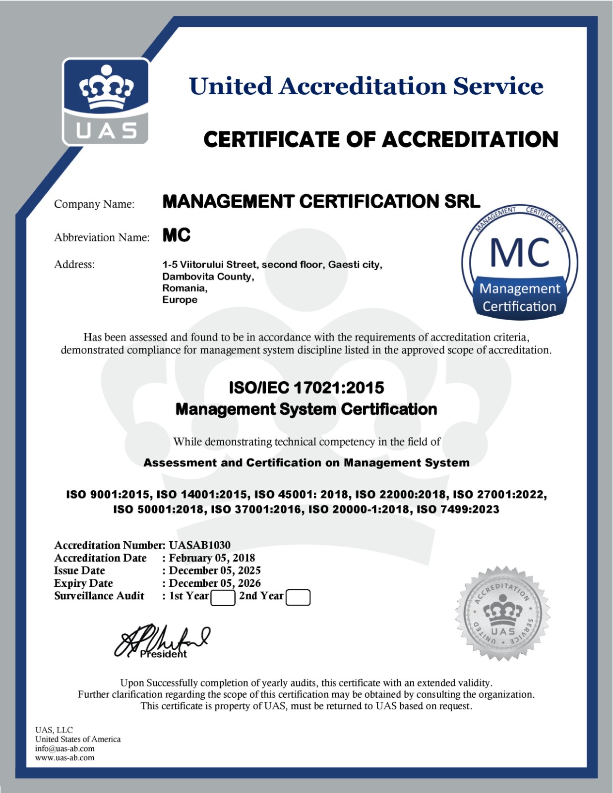 Certificate of Accreditation UAS rilasciato a Management Certification SRL, ISO/IEC 17021:2015