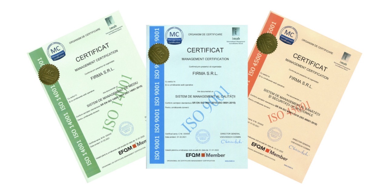 Esempi di certificati Management Certification per ISO 9001, ISO 14001 e ISO 45001