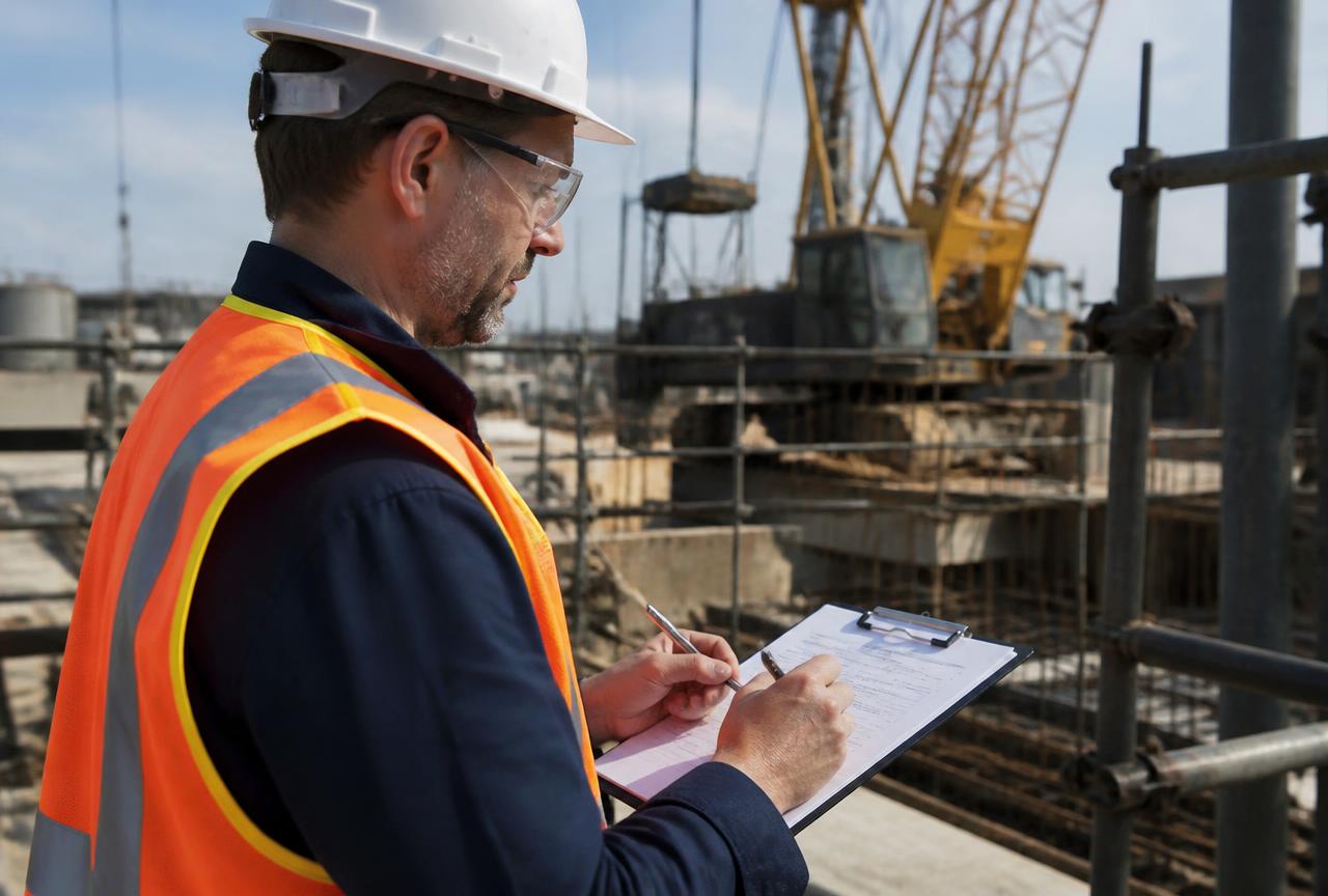 Tecnico con casco e gilet in cantiere che compila una lista di controllo